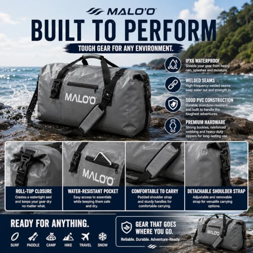 Malo’o Waterproof Dry Duffel, Heavy-Duty Roll Top Waterproof Gear Bag with Shoulder Strap & Molle Loops, Marine Duffel for Kayaking, Boating, Camping, Beach & Travel, Black, 100L - color: Black, size: 100L