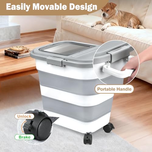 Komzon Rice Storage Container, Collapsible Airtight 10-40 Lb Rice Storage Container, 25lb Pet Dog Food Storage Container, Rice Dispenser Bin with Cup and Scoop for Flour Cereal Pasta Grain, Cat Bird - size: 10-40 Lbs