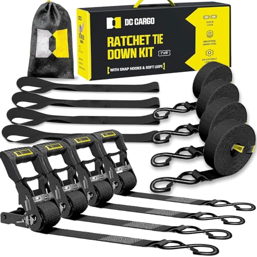 DC Cargo Mall Ratchet Straps Tie Downs 4 Pack (1,800 LB Break Strength) 1" x 15 Feet Tie Down Straps with Safety Lock S Hooks for Cargo, Trucks, Appliances, Moving. - size: 1" x 15'