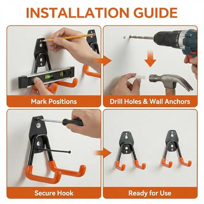 12 Pack Heavy Duty Garage Hooks, Steel Wall Mount Utility Hooks with Anti-Slip Coating, Storage Organizer for Hanging Ladders, Bikes, Power & Garden Tools, Hose, Ropes and Bulk Items-Orange