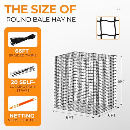 FRUITEAM 6 * 6 ft Round Bale Hay Net for Horses, Round Bale Feeder with 2 inch Hole, Hay Nets for Horses, Goats and Cattles, Knotless Design - Mouth-Safe for Horses with Repair Tool