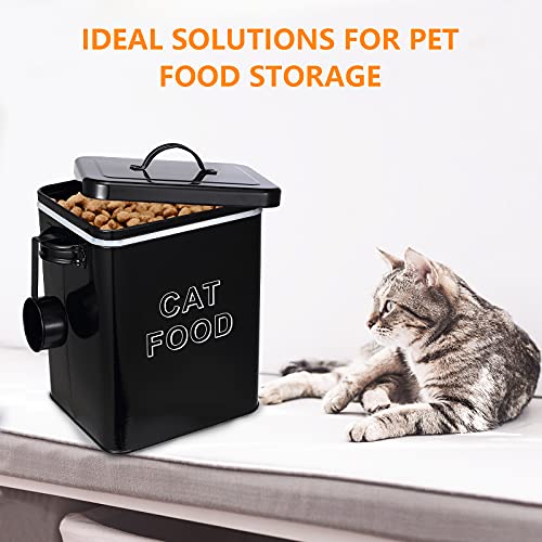 Pethiy Cat Food and Treats Containers Set with Scoop for Cats or Dogs -Tight Fitting Wood Lids - Coated Carbon Steel - Storage Canister Tins-Cat-Black - color: Black(CAT FOOD)