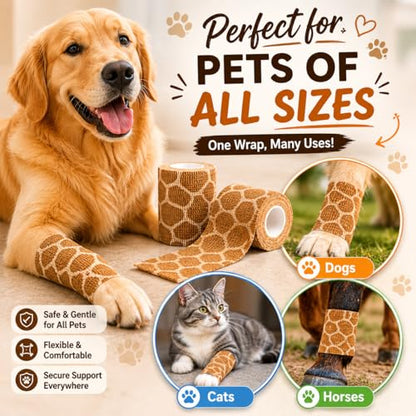 Premium Pet Vet Wrap — Non-Stick to Fur Self Adherent Bandage Wrap for Dogs, Cats & Horses, Breathable Cohesive Tape for Wounds, Paws & Legs, Animal Print Design - Pack of 2 - color: Giraffe Print