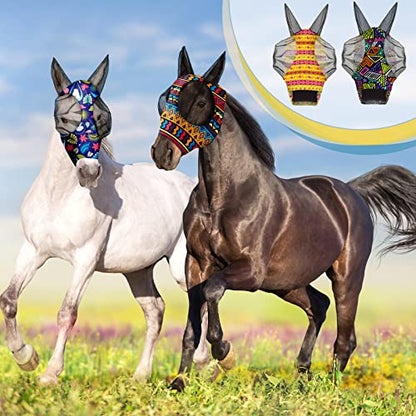 Frienda 4 Pcs Fly Masks with Ears Face Covering UV Protection from Insect Pests Elasticity Smooth Comfortable Mesh Horse Mask Accessories(Geometric,Medium) - size: Medium