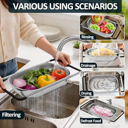 Over the Sink Colander - Strainers and Colanders - Sink Strainer Basket - Expandable Fine Mesh Strainer with Rubber Grip for Veggie, Fruits, Pasta, Home Kitchen Essentials (9.5W x 13.4-21.3L x 3.3H) - color: Light Black