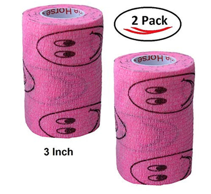 Vet Wrap Wrap Tape (Pink with Smiles) (2 Pack) (3 Inch x 15 feet) Self Adhesive Adherent Adhering Cohesive Flex Self Stick Bandage Grip Roll Dog Cat Pet Horse - color: Pink Smiles, size: 2 Rolls
