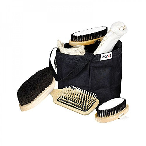 HORZE 7-Piece Set Wooden Horse Grooming Kit with Nylon Grooming Tote Bag - Black - One Size