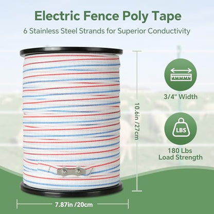 Electric Fence Polytape 1000ft - 3/4" High Visibility Livestock Fencing, 6 Tinned Copper Strands for Reliable Conductivity, UV & Rust Resistant, 330lb Strength - size: 1000 ft