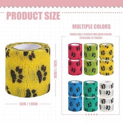 Vet Wrap for Dogs,Bandage Wrap,12Pcs 2 Inches X 5 Yards Pet PreWrap Cohesive Bandages Bulk Self Adhesive Dog Paw Protector for Horse, Cat, Bird, Pet Animal