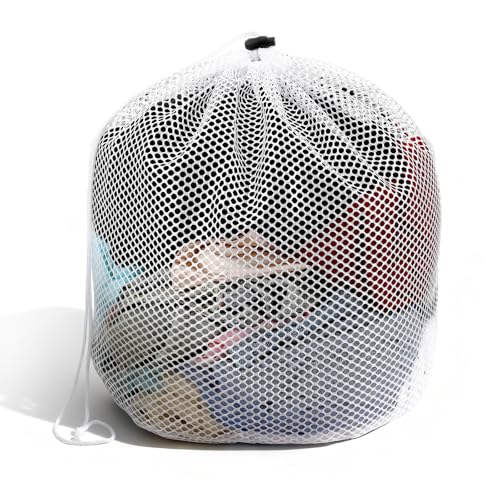 Small Laundry Bags Mesh for Delicates - White Polyester Wash Bags with Drawstring for Socks, Lingerie, Travel, Dorm, Machine Washable, 15.75×18.9 inches