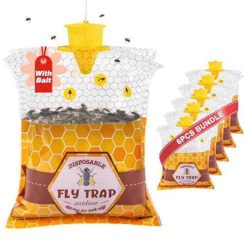 6 Fly Traps Outdoor, Big Fly Bag with Bait Disposable Hanging, Fly Hunter Repellent Control Catcher Killer, Ranch Stable Horse Farm Fly Trap for Barn, Farm, Mosquito, Bug, 6Pack-A2