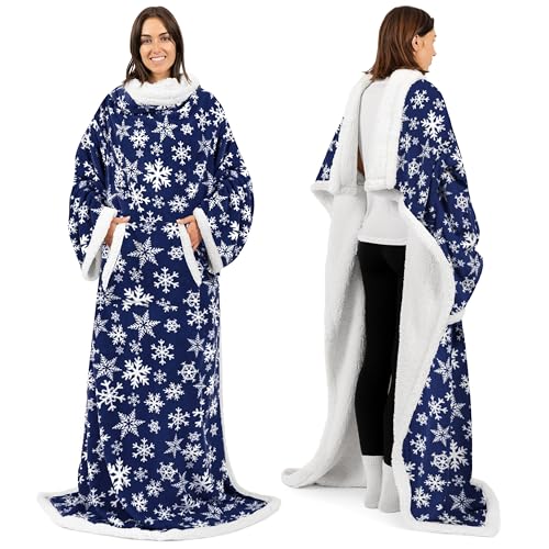 PAVILIA Sherpa Wearable Blanket with Sleeves and Pocket, Plush Thick Cozy Body Blanket Wrap for Adult Women Men, Christmas Gift for Wife Mom, Snowflake Blue - color: Snowflake Blue
