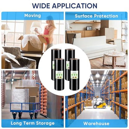 TICONN Stretch Wrap Roll, 18 in x 1000 ft Plastic Wrap for Moving Furniture | Odorless Industrial Strength Stretch Film, 300% Stretchability, Self-Adhering, Ideal for Furniture, Box Protection - style: 18''-4PK Black (No handle)