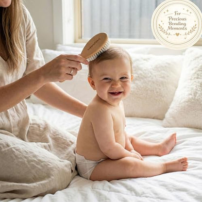 Wooden Baby Hair Brush with Natural Goat-Hair Bristles - Ultra Soft Baby Brush for Newborns & Infants with a Cotton Travel Pouch - Helps with Cradle Cap Care - 21cm Easy Grip Beech Wood Handle - size: Pack of 2