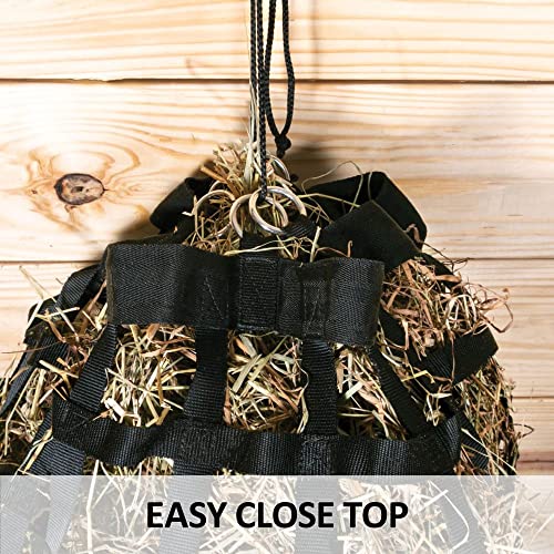 Dura-Tech 3 Hole Half Bale Net Hay Bag for Horses | Horse Feeding Solution | Fits Half a Bale | Non-Frustrating 3" Holes | Easy Close Top | Heavy Duty Construction | Color Black