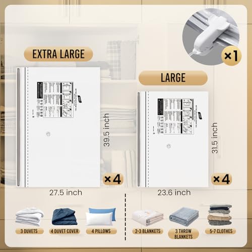 TAILI 8 Pack Vacuum Storage Bags, 2 Size Combo(4 Large+4 Jumbo), Clear - size: 8 Combo
