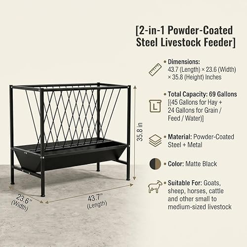 69 Gallon 2-in-1 Farm Feeder, Hay & Grain Livestock Feeding Unit with Steel Frame for Barn & Pasture