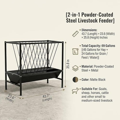 69 Gallon 2-in-1 Farm Feeder, Hay & Grain Livestock Feeding Unit with Steel Frame for Barn & Pasture