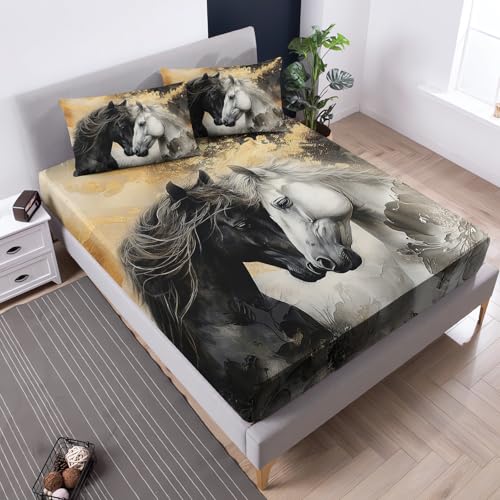 Horses Aesthetics Bedding Queen Size,1 Fitted Sheet+2 Pillowcases. - color: Black-gold, size: Queen