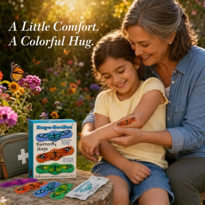 Butterfly Hugs - Premium Adhesive Butterfly Bandages from Hug-a-BooBoo, The Amazing Butterfly Bandages that Hug! Pretty Colorful Butterfies 24 Count Box - size: 24ct, style: Butterfly Hugs
