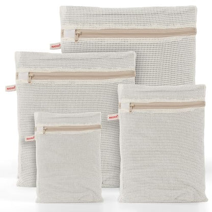 MADIKA 100% Cotton Mesh Laundry Bags, Organic Cotton Laundry bags, No Dye, Set of 4, Natural - size: XL/L/M/S