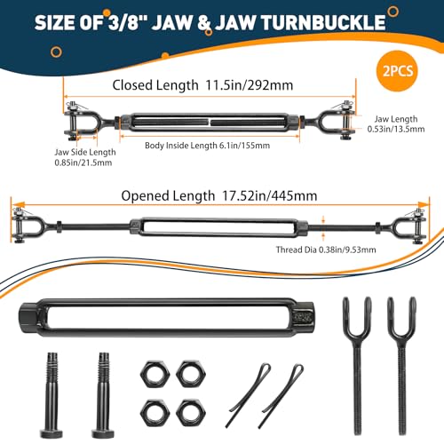 3/8" Cable Turnbuckle, Black Jaw and Jaw Turnbuckles - 1200 lbs WLL - size: 2 Pcs 3/8” x 11.5”