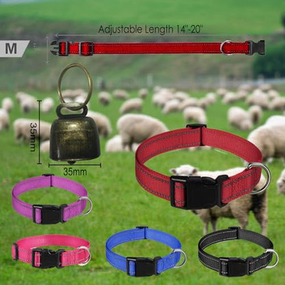 5 Pack Reflective Goat Collars with Grazing Copper Bells and Adjustable Nylon Collar with Anti-Lost Loud Bronze Bell for Farm Animal Goat Sheep Horse Cow(Size:M Neck:14-20") - size: M-Medium(Neck 14-20")