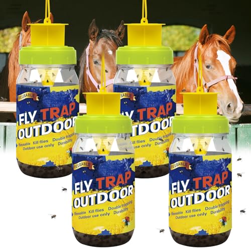 4 Fly Traps Outdoor for Patio with 4 Bait, Reusable Bug Catcher Bottle Jar | Flies Bug Insect Trap Control Outdoor Hanging for Outside Barns, Stable, Farm, Patio, with Natural Bait Refills Lure - color: blue