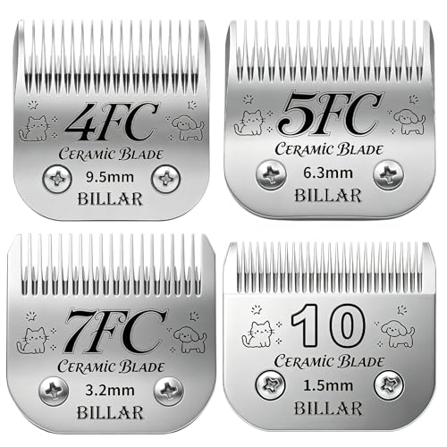 BILLAR® Size 10/7FC/5FC/4FC Detachable Pet Dog Grooming Clipper Ceramic Blades Set,Compatible with Andis,Oster A5,Wahl KM10 Series Clippers,Cut Length 1/16"(1.5mm) to 3/8"(9.5mm),4 Pack - size: 10+7FC+5FC+4FC