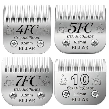 BILLAR® Size 10/7FC/5FC/4FC Detachable Pet Dog Grooming Clipper Ceramic Blades Set,Compatible with Andis,Oster A5,Wahl KM10 Series Clippers,Cut Length 1/16"(1.5mm) to 3/8"(9.5mm),4 Pack - size: 10+7FC+5FC+4FC