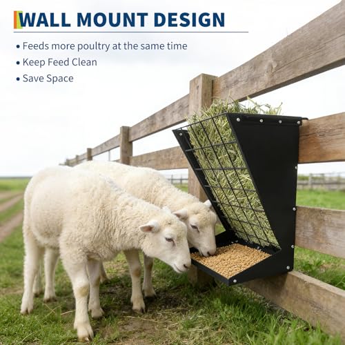 Wall Mounted Hay Rack, 2 in 1 Hay & Grain Livestock Feeder - color: Black