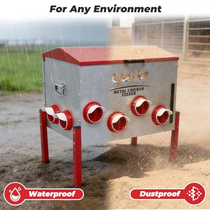 Automatic Chicken Feeder 100LBS Large Capacity, 12 Anti-Waste Ports Metal Poultry Feeder with Height Adjustable Stand, Waterproof Rodent Proof Feed Box with Lid Viewing Window for Hens Ducks Geese - size: 100LBS