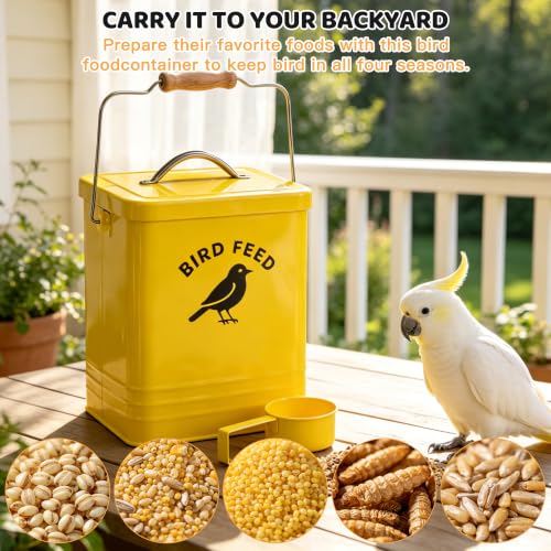 Bird Seed Storage Container, Airtight Metal Bird Food Canister Holds 5-6 LBS Wild Bird Feed, Metal Bird Feed Tin with Wooden Handle & Measuring Scoop, Dry Pet Snack & Grain Storage Bin - color: Yellow