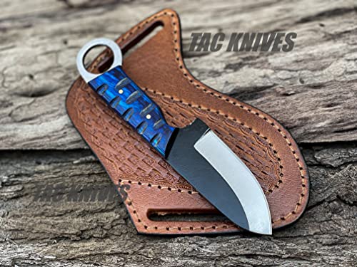 TAC KNIVES 7'' Full Tang Fixed Blade Outdoor Camping Hunting Knife In Sheath Gift For Him | 1095 High Carbon Steel Knife | SKINNER Gift | Cowboy knives | Pancake leather sheath (BLUE) - color: BLUE