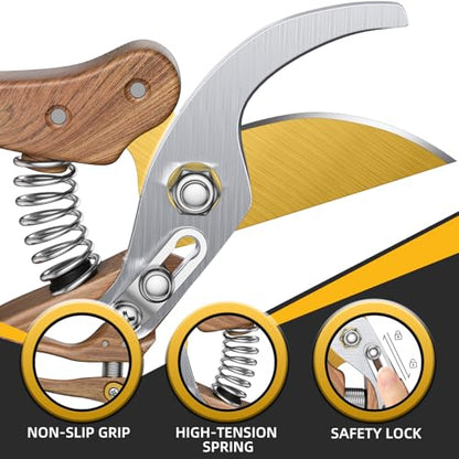 DECERK® 8.5" Premium Bypass Pruning Shears – Wood Grain Finish with Gold Titanium Blade, Japanese SK5 Steel, Balanced Ergonomic Handle for Precise Garden Trimming, Timeless Gardening Companion - style: Premium Woodgrain Clipper