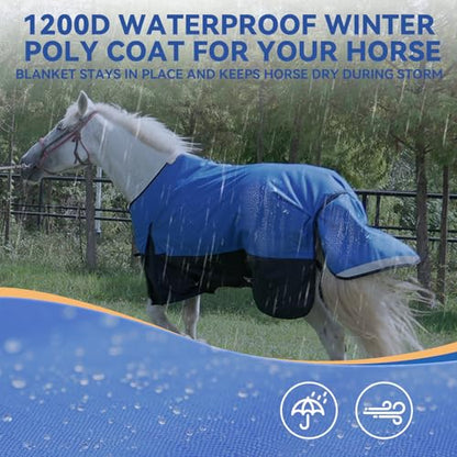 75” Winter Horse Blanket, 1200D Waterproof Poly Horse Turnout Blanket, Tear-Resistant Thick Horse Blanket with Snuggit 220g Filling, Breathable Warmth Turnout Blankets for Horse - size: 75“