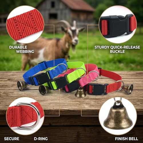4Pcs Goat Collars with Bells, Nylon Animal Collars in Red Green Blue Pink Colors, Adjustable Farm Collar for Grazing Management and Animal Tracking, Durable Livestock Accessories for Small Farms