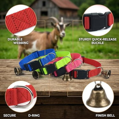4Pcs Goat Collars with Bells, Nylon Animal Collars in Red Green Blue Pink Colors, Adjustable Farm Collar for Grazing Management and Animal Tracking, Durable Livestock Accessories for Small Farms