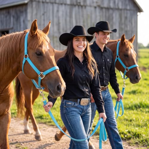 2 Pack Nylon Horse Halter with Reins Adjustable | Training, Show, Pony, Padded, Reinforced, Brass Snap, Equine Stable Supply - color: Turquoise