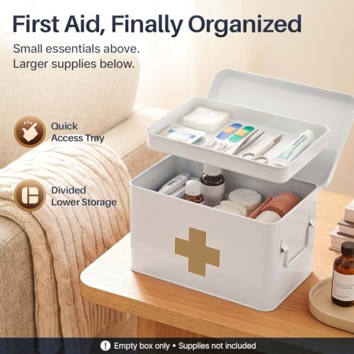 Flexzion Large Metal First Aid Box Empty, 13-Inch, White with Gold Cross - color: White - Gold Cross, size: 13 Inch without Latch Lock