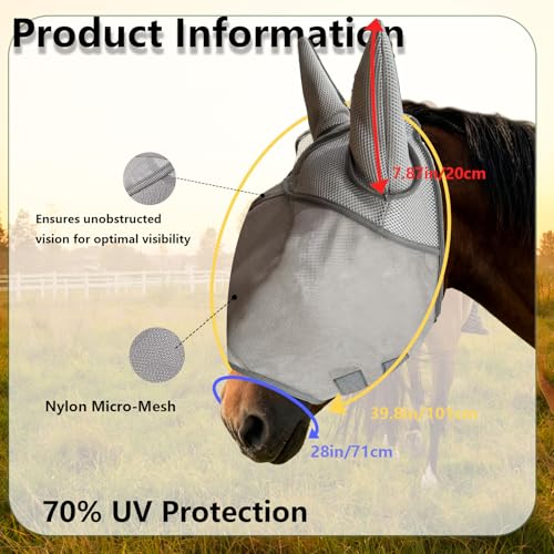 Grey Adjustable Horse Fly Mask with Ears for Ranch Daily Training