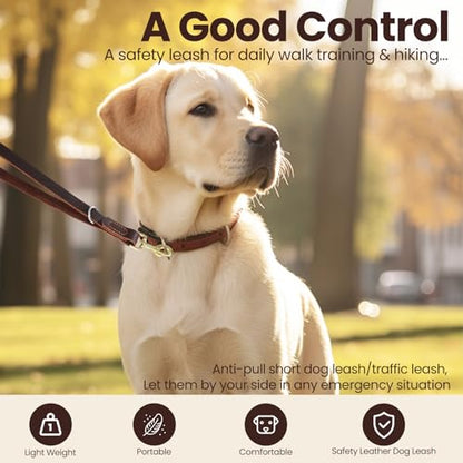 Leather Dog Leash, Strong Traffic Pet Short Lead & Heavy Duty Metal Hook for Training and Walking. (1.5ft L x 2.5cm W) - size: 1.5 ft L x 1.0 in W