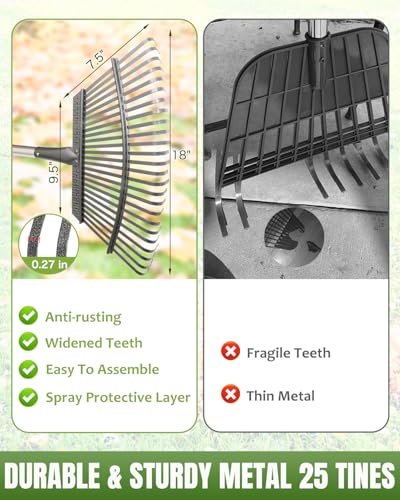 65 Inch 25 Tines Metal Leaf Rake Set with 40 Gal Dustpan-Type Bags | Heavy duty garden rake, Leaf gathering tool, Yard waste bag set, Metal dustpan rake, Lawn tool, Grass clippings sweeper - style: Green Dustpan