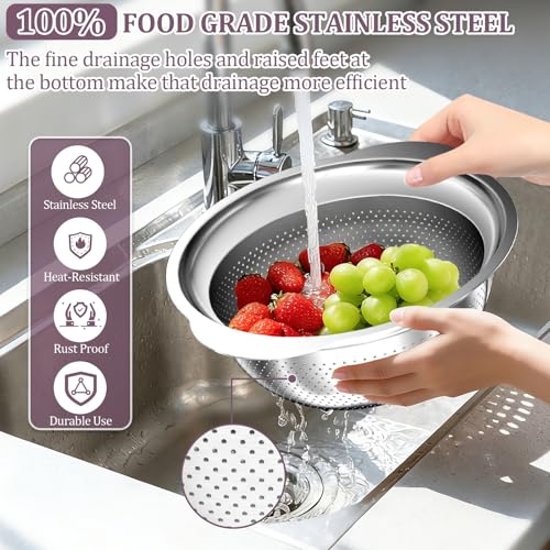 Stainless Steel Colander - 3QT Medium Capacity Strainer with Handle, Kitchen Food Strainer Basket for Washing Vegetables, Fruits, Rice, and Pasta, Kitchen Present for Women - color: Silver
