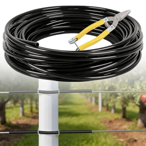 98.4FT Electric Fence Insulator Tube, Fence Insulator for 12-1/2 Gauge, Insulated Electric Fence Wire Tubing with Scissors, High Tension Wire Insulator for Corner Post T-Post (Black)