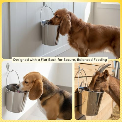 6 Quart Stainless Steel Flat Side Bucket – 1.5 Gallon Heavy Duty Hanging Dog Water Buckets for Kennels & Cages – Flat Back Food & Water Feeding Pail for Livestock, Goats, Sheep & Horses - size: 6 Quarts