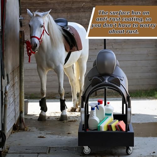 Metal Rolling Saddle Rack Cart with Basket Storage Box Built-in Grooming Organizer Fits Western English Saddles 360° Swivel Wheels Heavy Duty Caster for Tack Room, Bridle, Horse Lovers, Cowboy