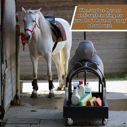 Metal Rolling Saddle Rack Cart with Basket Storage Box Built-in Grooming Organizer Fits Western English Saddles 360° Swivel Wheels Heavy Duty Caster for Tack Room, Bridle, Horse Lovers, Cowboy