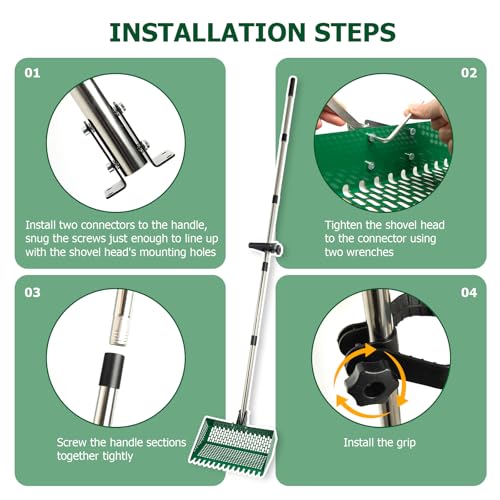 2-in-1 Metal Chicken Coop Pooper Scooper&Rake with 175CM Adjustable Handle | 12inch Green Chicken Litter Scoop for Coop Sand & Pet Farm Animal Waste, Durable Litter Sifting Shovel with Detachable Handle