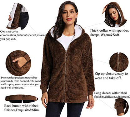 Fleece Coat for Women,Women's Oversized Zip Up Hooded Jacket Winter Plus Size Sherpa Coat - color: Abrown, size: Medium